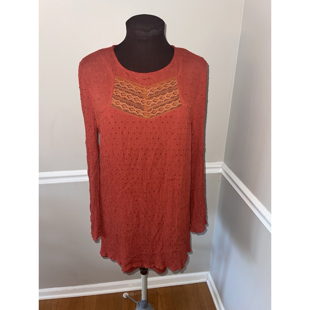 Love Riche Boho Mini Dress Rust Color Bell Sleeves Womens L